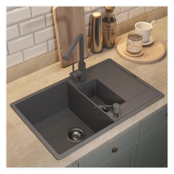 Кухонная мойка кварцевая Uperwood Quartz UPD-05-03, прямоугольная двухсекционная, серая #6