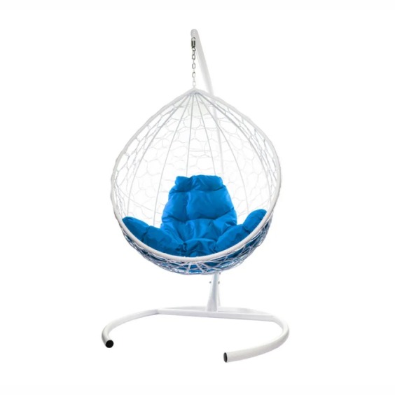 Комплект подвесное кресло Капля с ротангом белое, синяя подушка #1