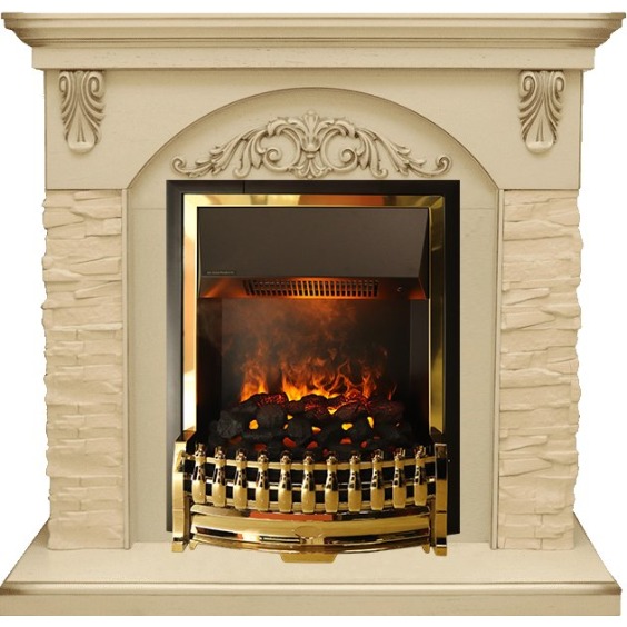 Каминокомплект Bern Сланец крупный бежевый / Алебастр темная патина с очагом Atherton #1