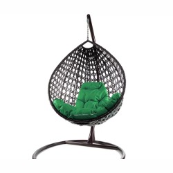 Комплект подвесное кресло Капля Люкс с ротангом коричневое, зеленая подушка