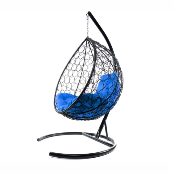 Комплект подвесное кресло Капля с ротангом черное, синяя подушка #2
