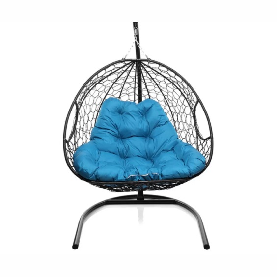 Подвесное кресло для двоих с ротангом черное, голубая подушка #1