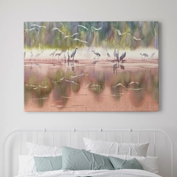 Интерьерная картина "Журавли на озере" на холсте, большая, размер 60х90 см #6