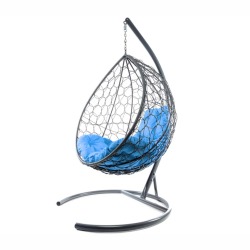 Комплект подвесное кресло Капля с ротангом серое, голубая подушка