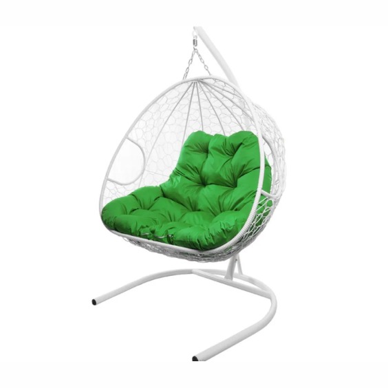 Подвесное кресло для двоих с ротангом белое, зеленая подушка #2