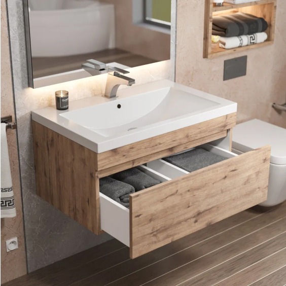 Тумба под раковину для ванной подвесная Uperwood Eva 74х47,2х35 см, Крафт Табачный, выдвижной ящик #10