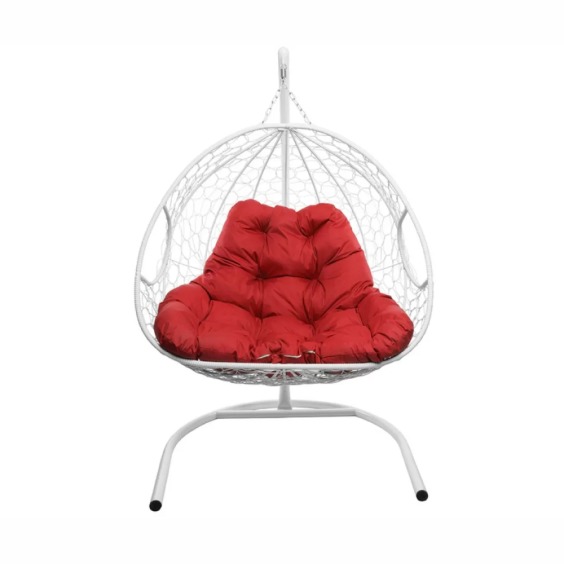 Подвесное кресло для двоих с ротангом белое, красная подушка #1 Подвесное кресло для двоих с ротангом белое, красная подушка #1
