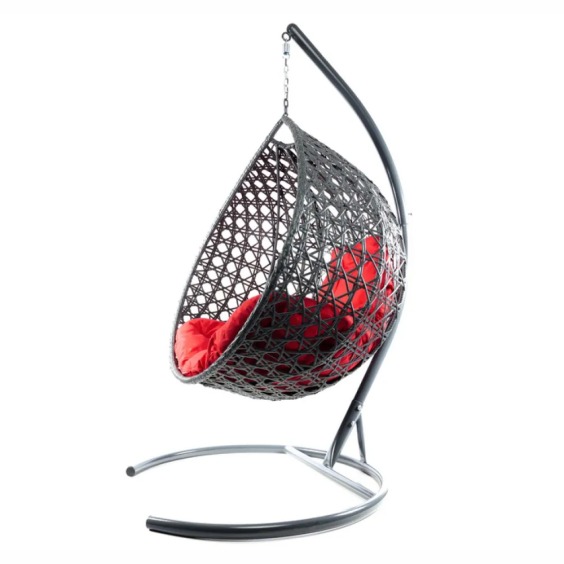 Комплект подвесное кресло Капля Люкс с ротангом серое, красная подушка #2