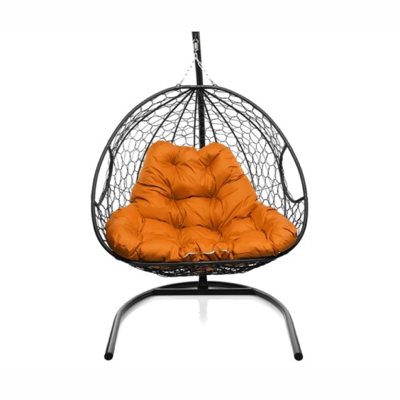 Подвесное кресло для двоих с ротангом черное, оранжевая подушка #1