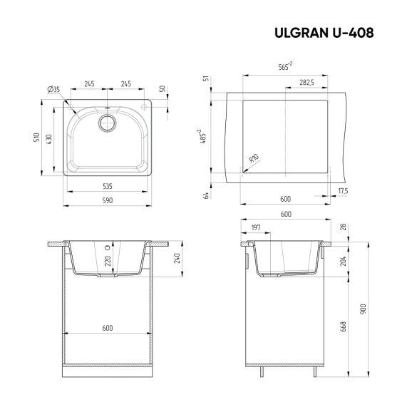 Мойка для кухни из искусственного камня Ulgran U-408-345, шоколад #2