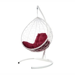 Комплект подвесное кресло Капля с ротангом белое, бордовая подушка