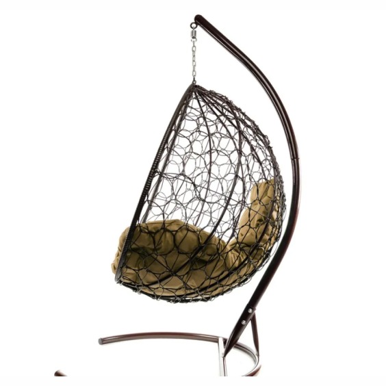 Комплект подвесное кресло Капля с ротангом коричневое, бежевая подушка #2