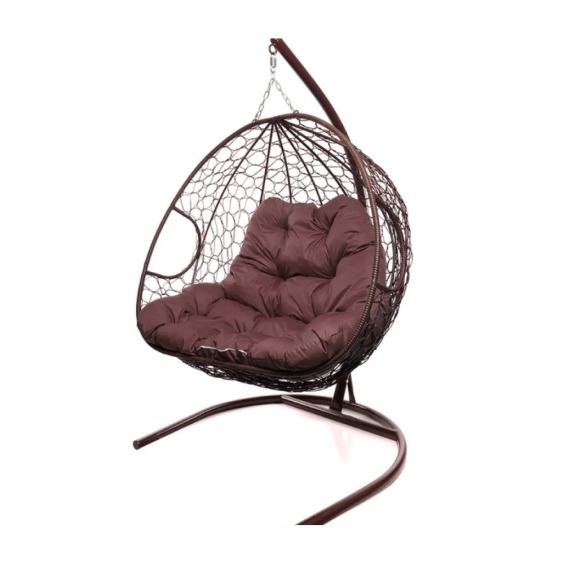 Подвесное кресло для двоих с ротангом коричневое, бордовая подушка #2