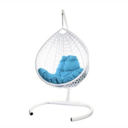 Комплект подвесное кресло Капля Люкс с ротангом белое, голубая подушка