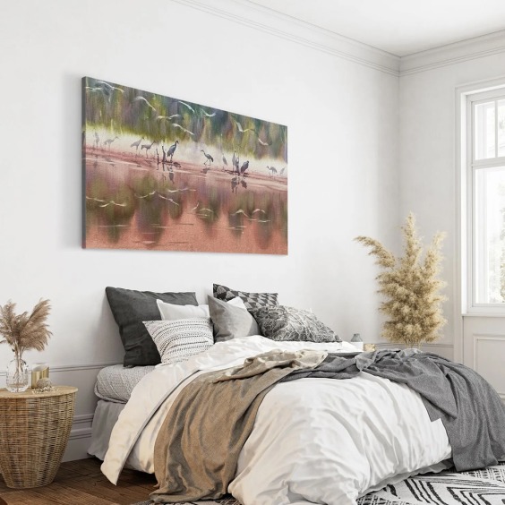 Интерьерная картина "Журавли на озере" на холсте, большая, размер 80х115 см #7