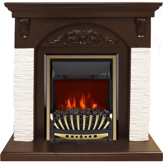 Каминокомплект Bern Сланец мелкий белый / Темный дуб с очагом Aspen Gold #1