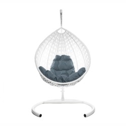 Комплект подвесное кресло Капля Люкс с ротангом белое, серая подушка