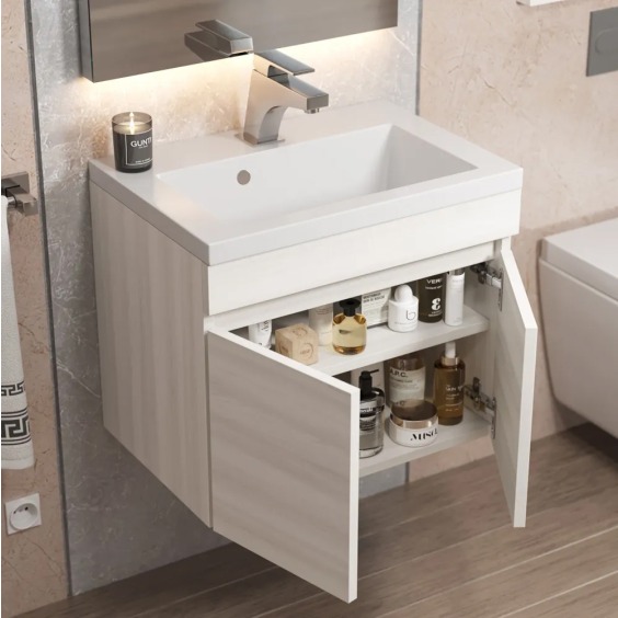 Тумба под раковину для ванной подвесная Uperwood Eva 49х34,6х40 см, Дуб Харбор Белый, с дверцами #9
