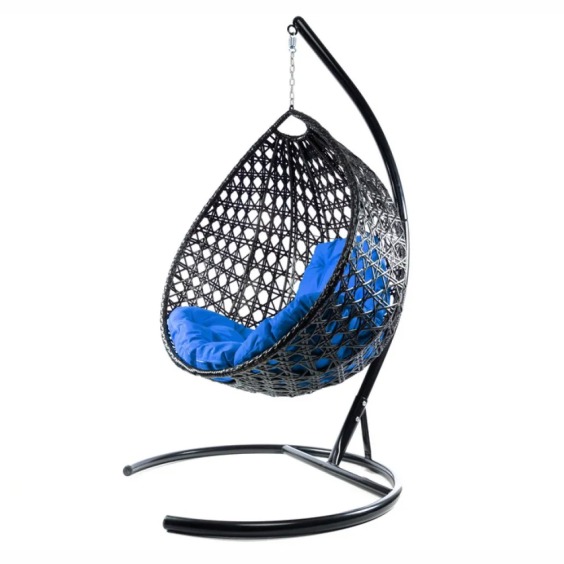 Комплект подвесное кресло Капля Люкс с ротангом черное, синяя подушка #2