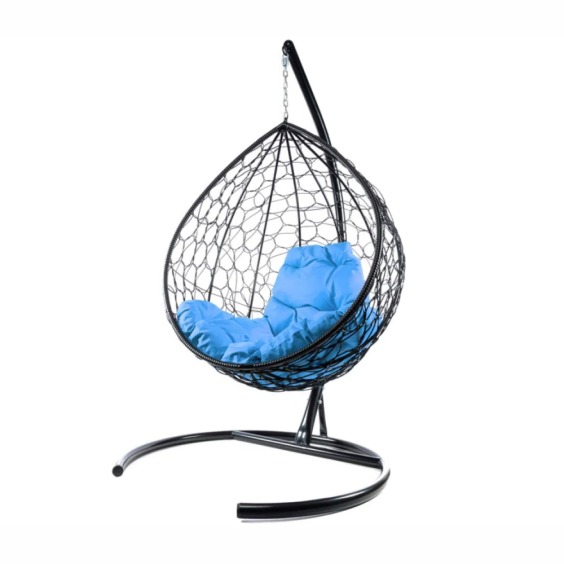 Комплект подвесное кресло Капля с ротангом черное, голубая подушка #2