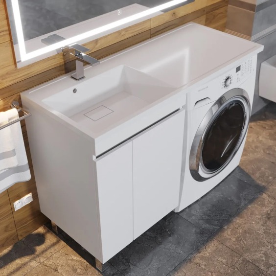 Тумба с раковиной под стиральную машину напольная Uperwood Magenta 60/120 см, белая/графит, с дверцами, левая #7