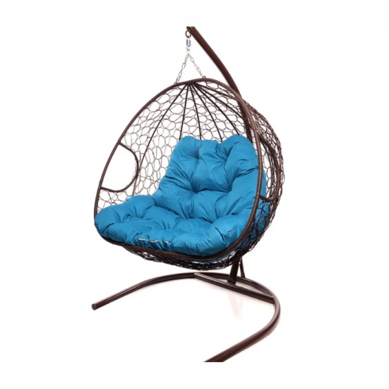 Подвесное кресло для двоих с ротангом коричневое, голубая подушка #2