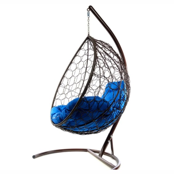 Комплект подвесное кресло Капля с ротангом коричневое, синяя подушка #2