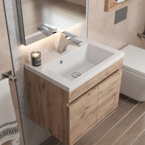 Тумба с раковиной для ванной подвесная Uperwood Eva 49х35х43 см, Крафт Табачный, с дверцами #9