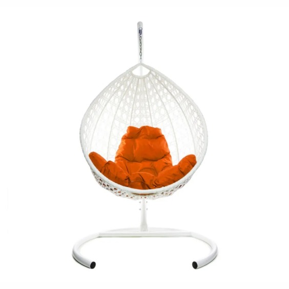 Комплект подвесное кресло Капля Люкс с ротангом белое, оранжевая подушка #1