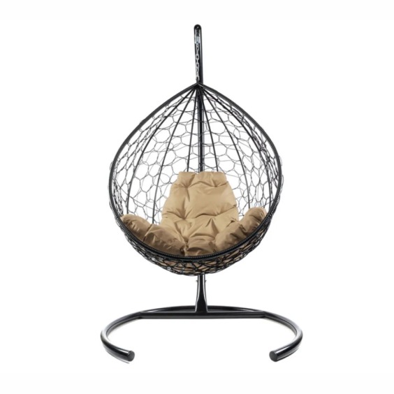 Комплект подвесное кресло Капля с ротангом черное, бежевая подушка #1