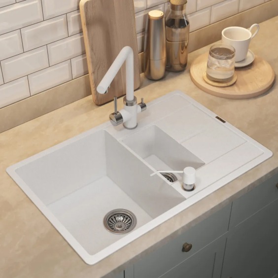 Кухонная мойка кварцевая Uperwood Quartz UPD-05-01, прямоугольная двухсекционная, белая #6