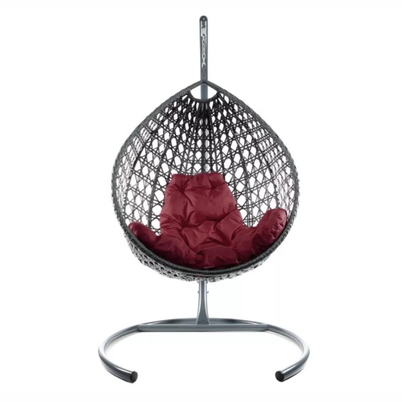 Комплект подвесное кресло Капля Люкс с ротангом серое, бордовая подушка #1