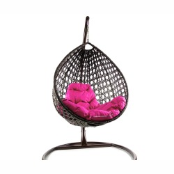 Комплект подвесное кресло Капля Люкс с ротангом коричневое, розовая подушка