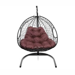 Подвесное кресло для двоих с ротангом черное, бордовая подушка