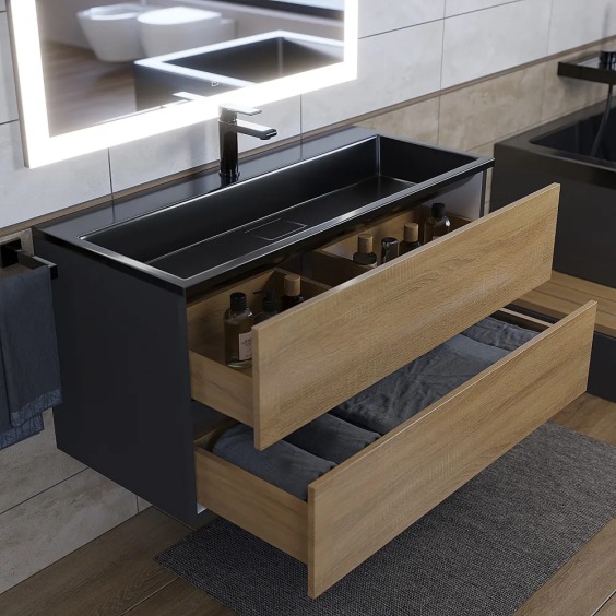 Тумба с раковиной для ванной подвесная Uperwood Barsa 100х45х57 см, черная/дуб сонома, раковина черный глянец #6