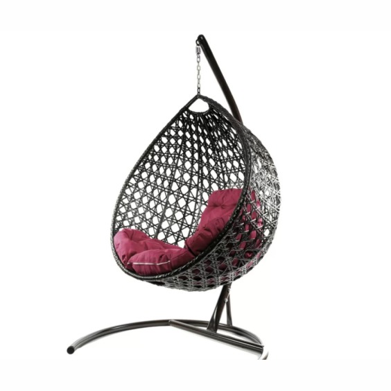 Комплект подвесное кресло Капля Люкс с ротангом коричневое, бордовая подушка #1