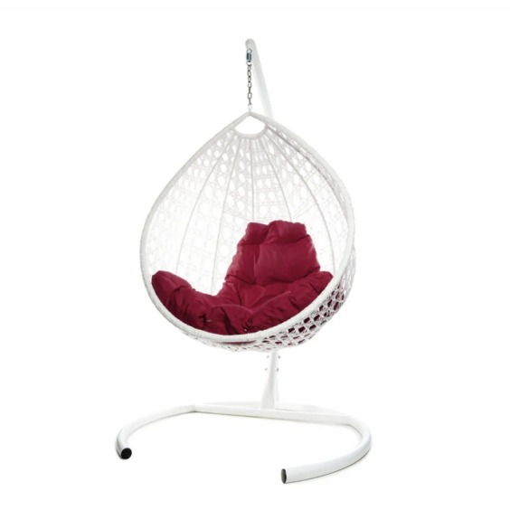 Комплект подвесное кресло Капля Люкс с ротангом белое, бордовая подушка #2
