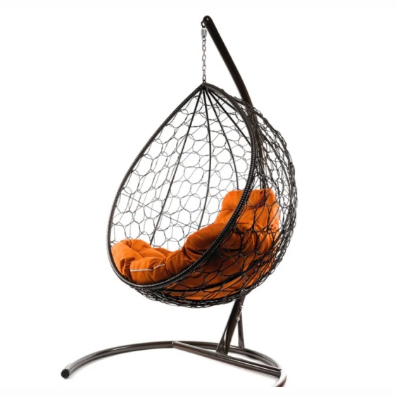 Комплект подвесное кресло Капля с ротангом коричневое, оранжевая подушка #2
