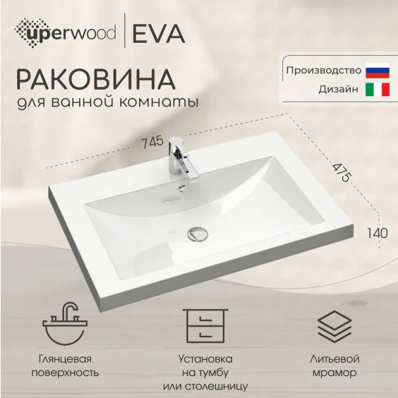 Раковина для ванной 75 см, Uperwood Eva, белая глянцевая #2