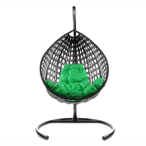 Комплект подвесное кресло Капля Люкс с ротангом черное, зеленая подушка #1