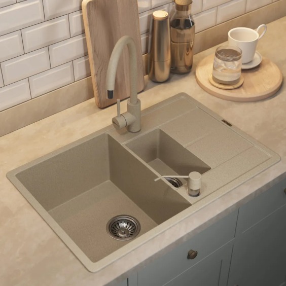 Кухонная мойка кварцевая Uperwood Quartz UPD-05-02, прямоугольная двухсекционная, бежевая #5