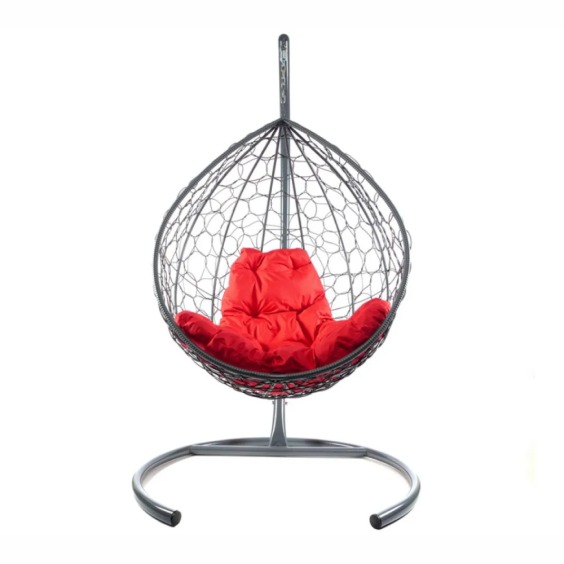 Комплект подвесное кресло Капля с ротангом серое, красная подушка #2
