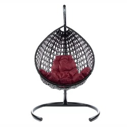 Комплект подвесное кресло Капля Люкс с ротангом черное, бордовая подушка