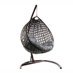 Комплект подвесное кресло Капля Люкс с ротангом коричневое, серая подушка