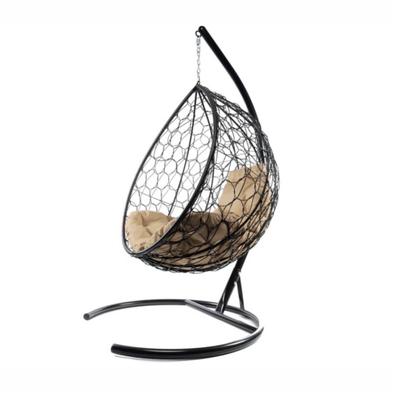 Комплект подвесное кресло Капля с ротангом черное, бежевая подушка #2