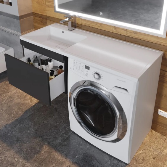 Тумба с раковиной под стиральную машину подвесная Uperwood Magenta 60/120 см, черная, выдвижной ящик, левая #9