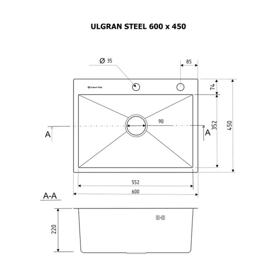 Мойка для кухни врезная стальная Ulgran Steel 60*45 см, брашированная сталь #6
