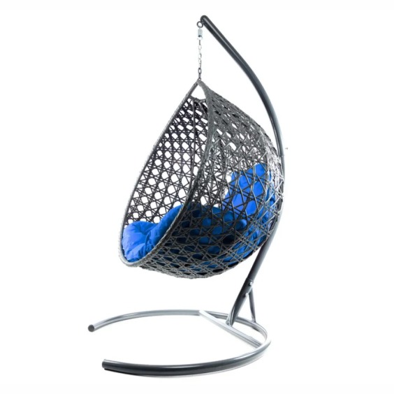 Комплект подвесное кресло Капля Люкс с ротангом серое, синяя подушка #2