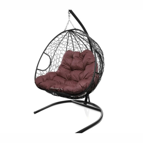 Подвесное кресло для двоих с ротангом черное, бордовая подушка #2