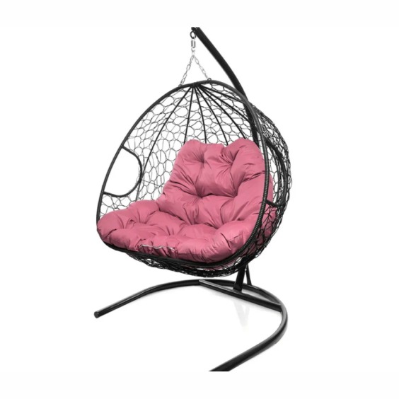 Подвесное кресло для двоих с ротангом черное, розовая подушка #2